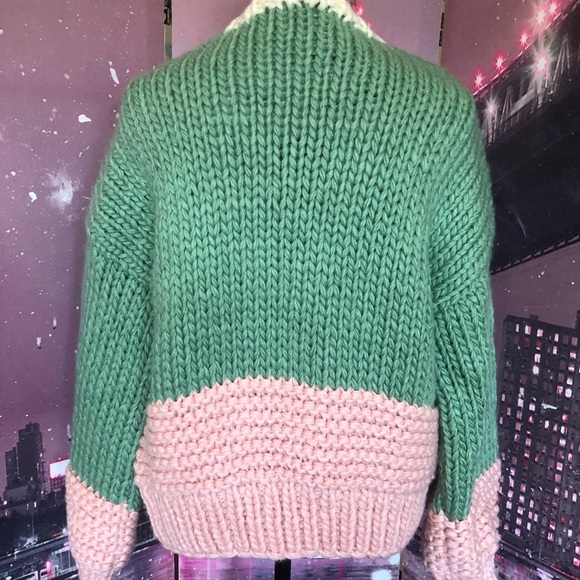 Cardigan sweater boho knit puff sleeve thick chic chunky green pink - Picture 10 of 14